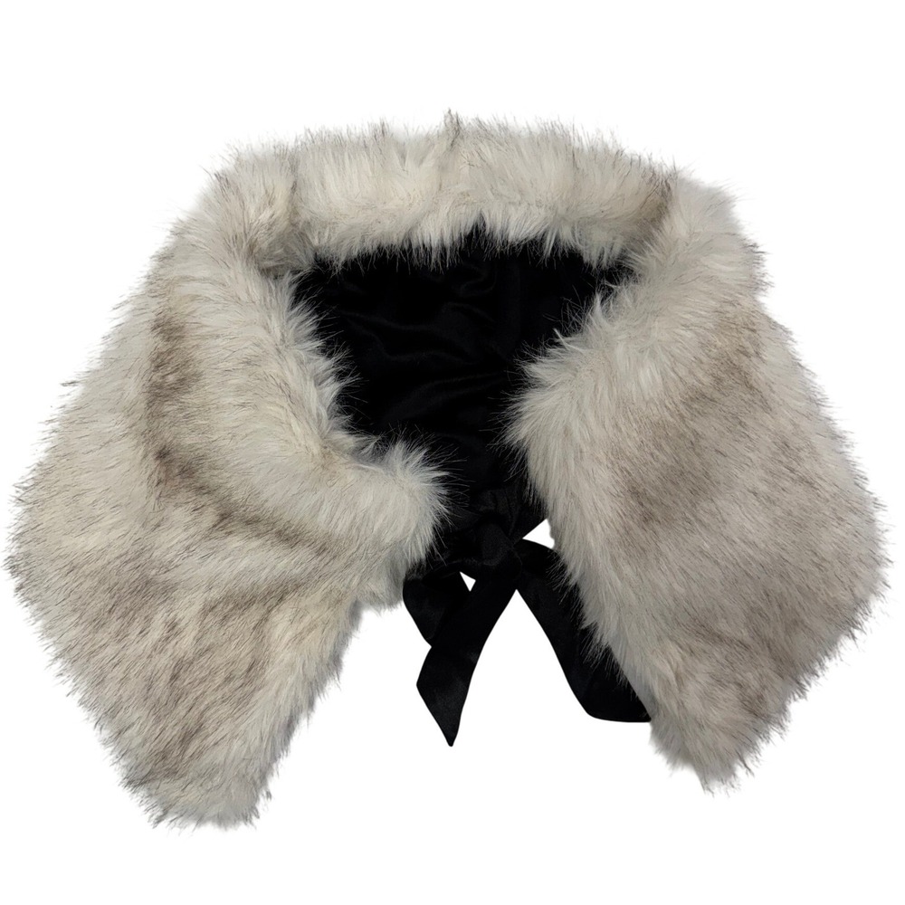 Faux Fur Collar Wrap Scarf with Ribbon Tie Cream Grey One‎ Size